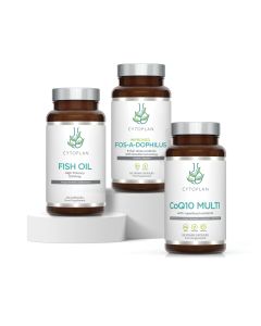 Cytoplan Men's Foundations of Health Bundle. Image shows three pots of supplements, a multivitamin and mineral (CoQ10 Multi), a probiotic (Fos-a-Dophilus) and an omega-3 essential fatty acid (Fish Oil). Buying the men's supplement bundle offers savings co