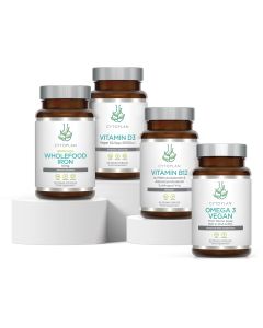 Cytoplan Vegan Care Bundle. Image shows three pots of supplements, Wholefood Iron, Vitamin D3, Vitamin B12 and Omega 3 Vegan. This vegan supplements bundle has been specially created by our Nutritional Therapists to address the main nutrient shortfalls co