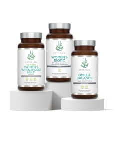Cytoplan Women's Foundations of Health Bundle. Image shows three pots of supplements, a multivitamin and mineral (Women's Wholefood Multi with Iron), a probiotic (Women's Biotic) and an omega-3 essential fatty acid (Omega Balance). Buying the women's supp