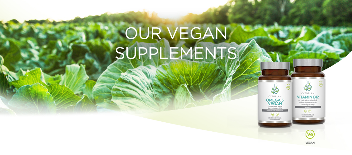 Header image of cabbages with overlay of two vegan supplements